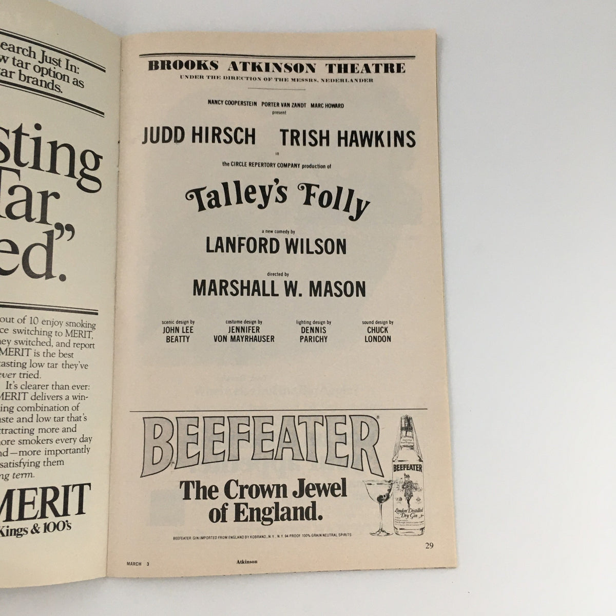 Cast list page from the 1980 Playbill for Talley's Folly, highlighting the performances of Judd Hirsch and Trish Hawkins, along with production details.