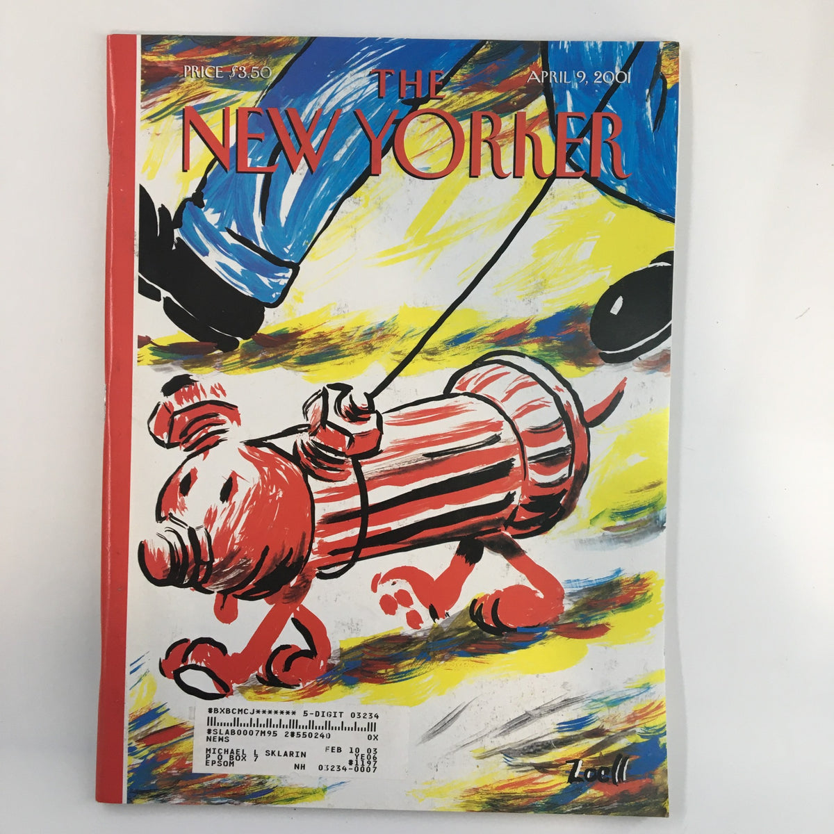 The New Yorker Full Magazine April 9 2001 cover featuring colorful illustration of a dog character with a fire hydrant, symbolizing Bob Zoell's article 'Time for a Walk'.