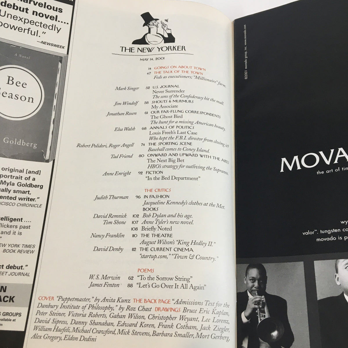 Interior page from The New Yorker full magazine May 14, 2001, showcasing the table of contents, highlighting various articles and contributors.