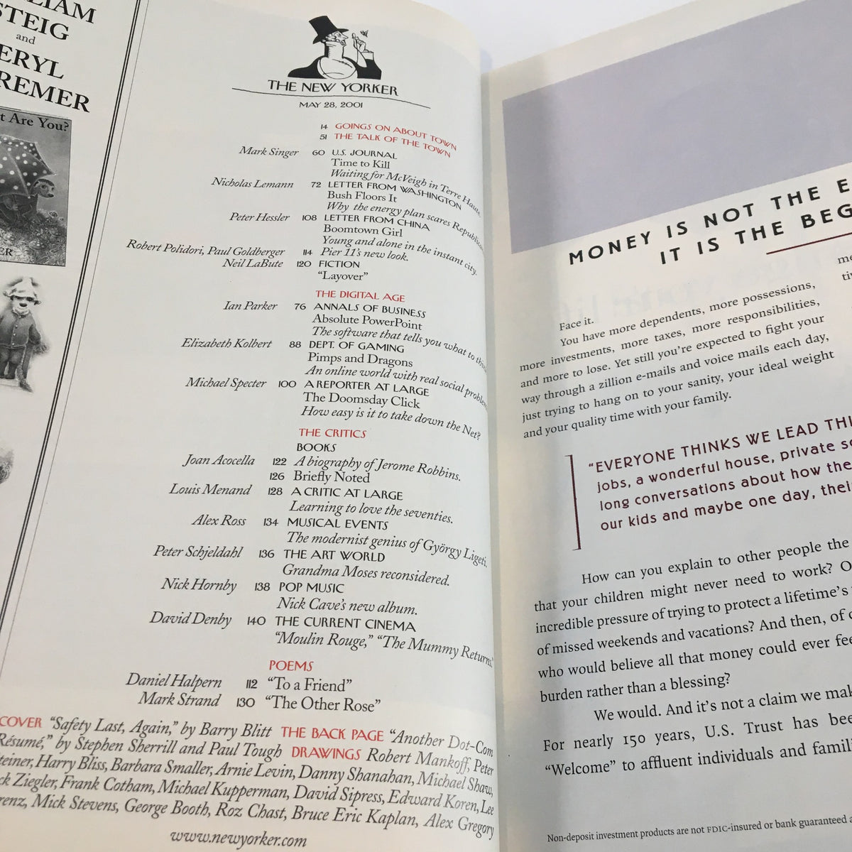 Interior page of The New Yorker magazine from May 28, 2001, showcasing the table of contents with listings of articles and contributors, highlighting the rich journalistic content of this iconic issue.