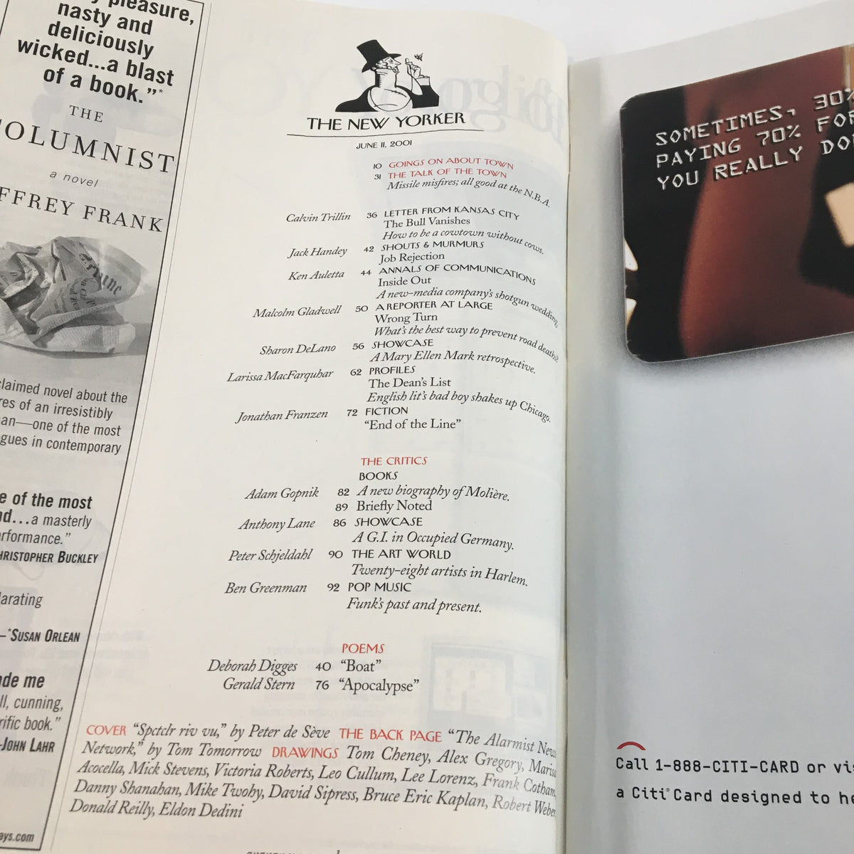 Inside page of The New Yorker magazine June 11, 2001, displaying the table of contents and a prominent advertisement.
