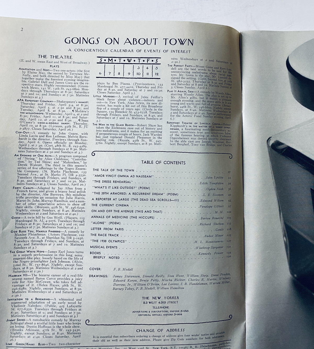 Inside page of The New Yorker Magazine April 5, 1969, showcasing the Table of Contents and events of interest, featuring the 'Goings On About Town' section.