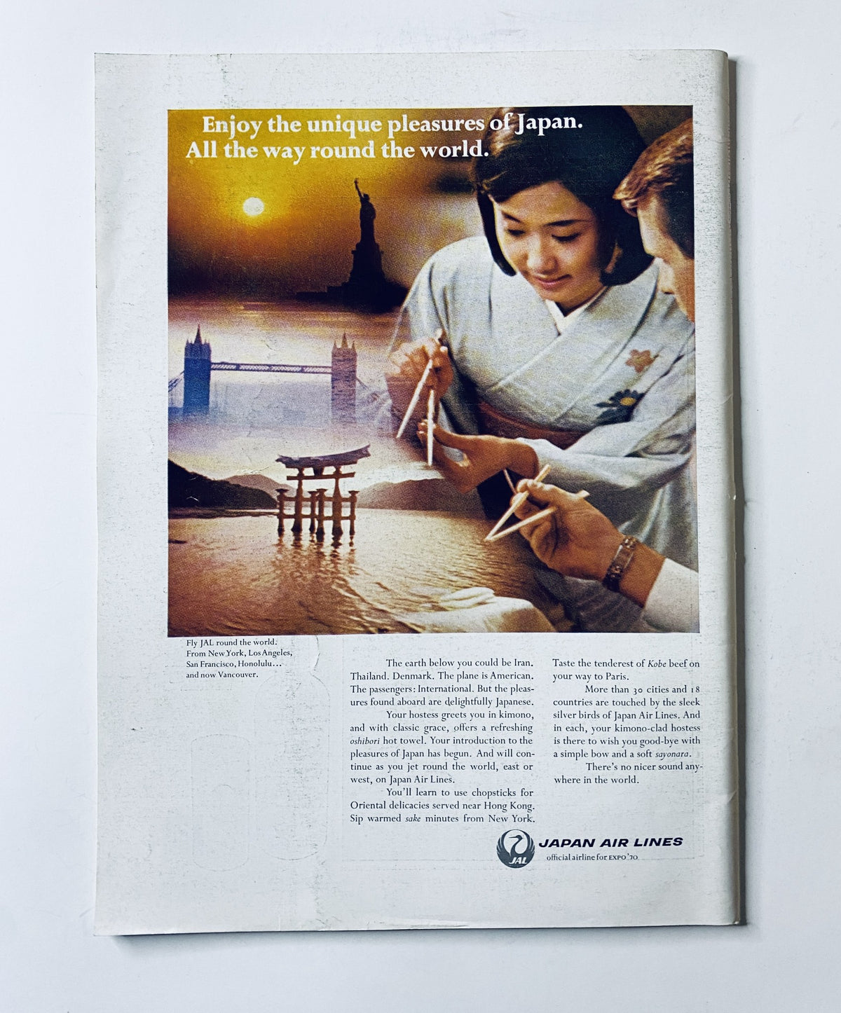 The New Yorker Magazine January 25, 1969 featuring an advertisement for Japan Airlines, showcasing a woman in a traditional kimono enjoying Japanese cuisine with scenic imagery of Japan. Vintage travel advertisement.
