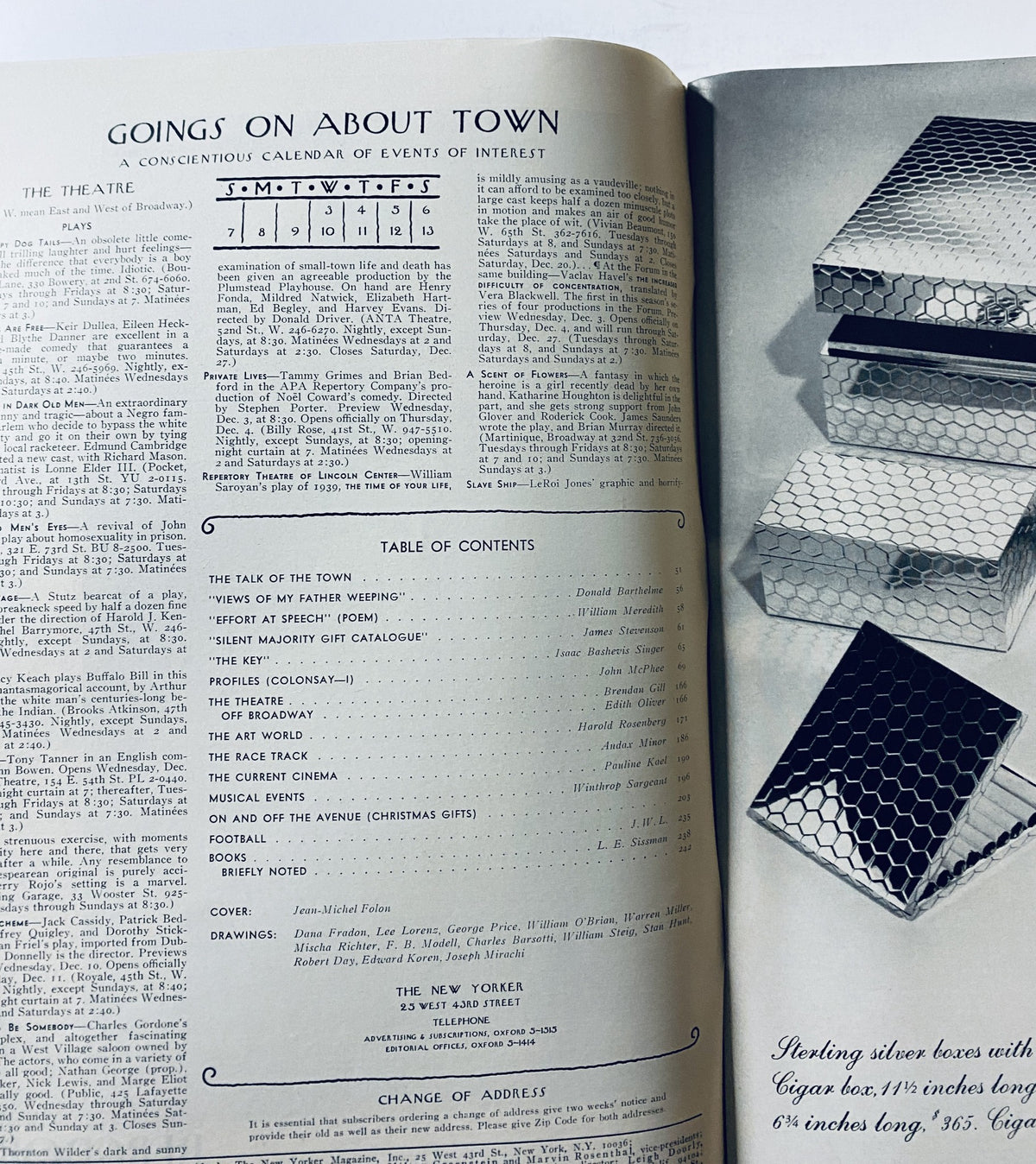 Interior page of The New Yorker Magazine from December 6, 1969, displaying the table of contents and events of interest including 'The Talk of the Town' and theatre listings.