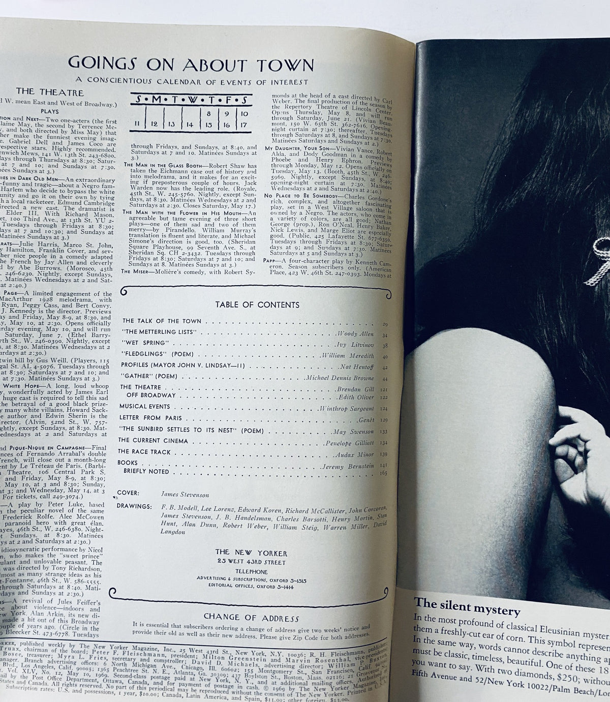 Page inside The New Yorker Magazine dated May 10, 1969, displaying the contents and calendar of events, including 'The Talk of the Town' and 'Table of Contents' sections.