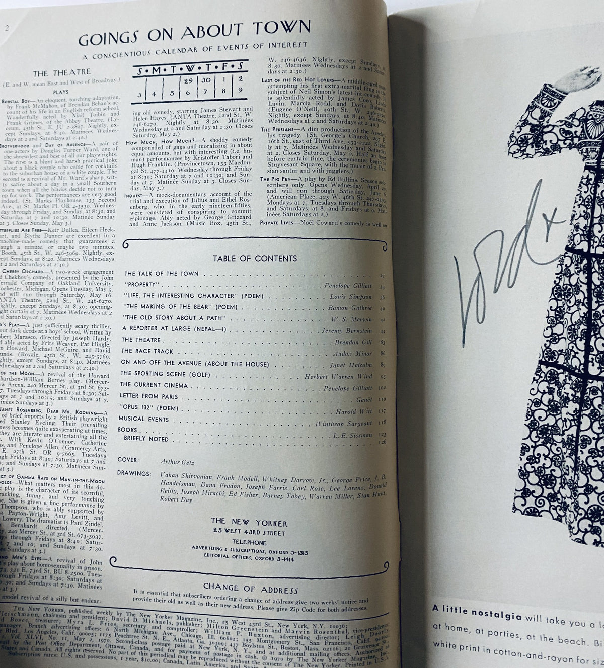 Inside page of The New Yorker Magazine May 2, 1970 displaying event calendar and table of contents, showcasing articles and features of the issue.
