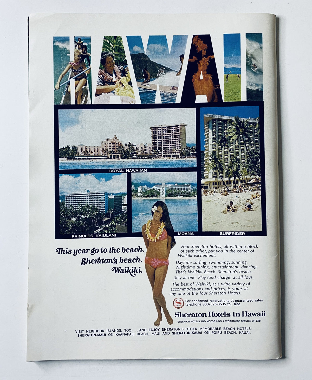 Back cover of The New Yorker Magazine May 2, 1970 promoting Sheraton Hotels in Hawaii with images of beach and leisure activities.