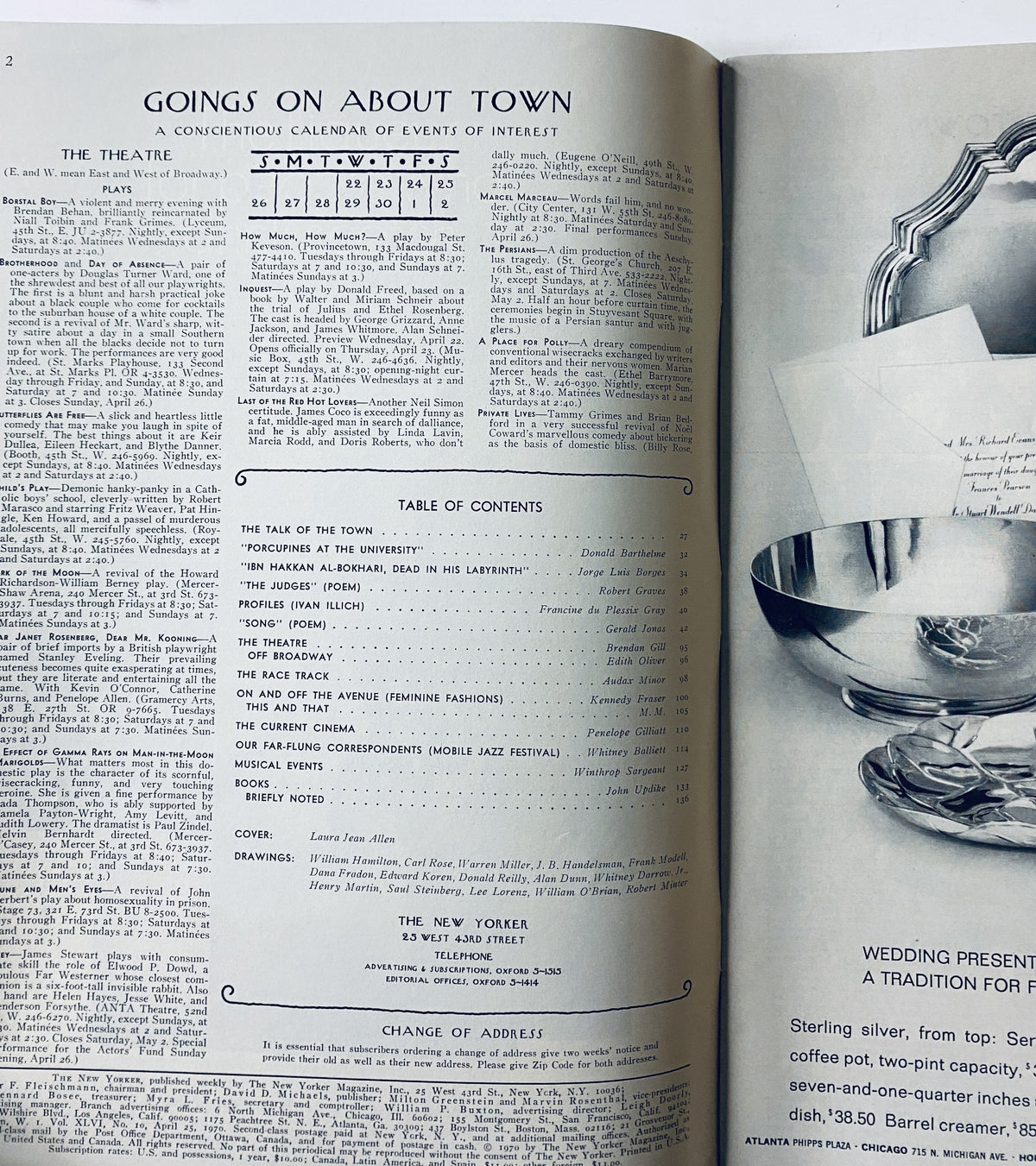 Interior page of The New Yorker Magazine April 25, 1970 featuring the content listing and events calendar. This issue includes notable articles such as 'The Talk of the Town' and notable contributors.