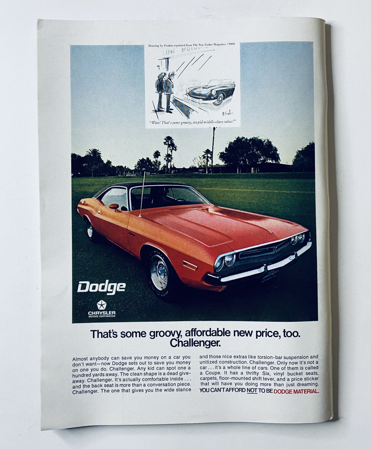 Advertisement from The New Yorker Magazine, October 24, 1970, featuring a red Dodge Challenger car. The ad promotes the vehicle's affordability and sporty features, appealing to car enthusiasts.