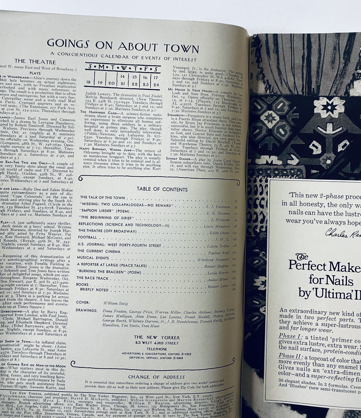 Inside page of The New Yorker Magazine October 17, 1970 displaying the Table of Contents and a calendar of events.