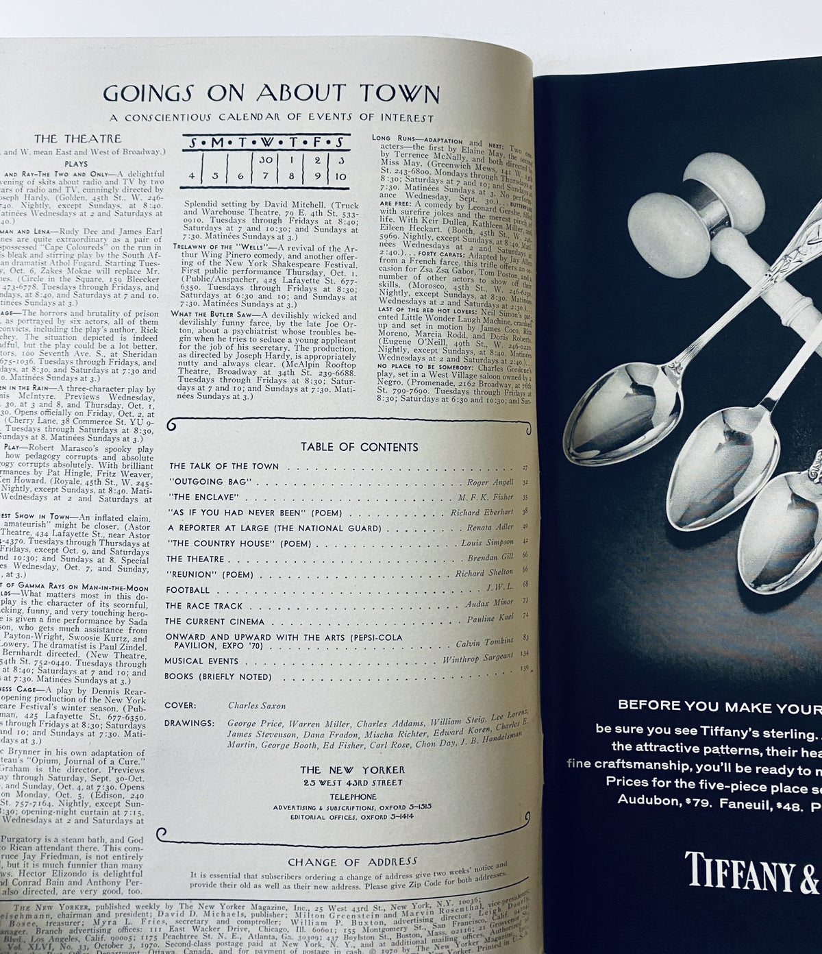 Inside page of The New Yorker Magazine, October 3, 1970, displaying the 'Goings On About Town' section alongside the Table of Contents.