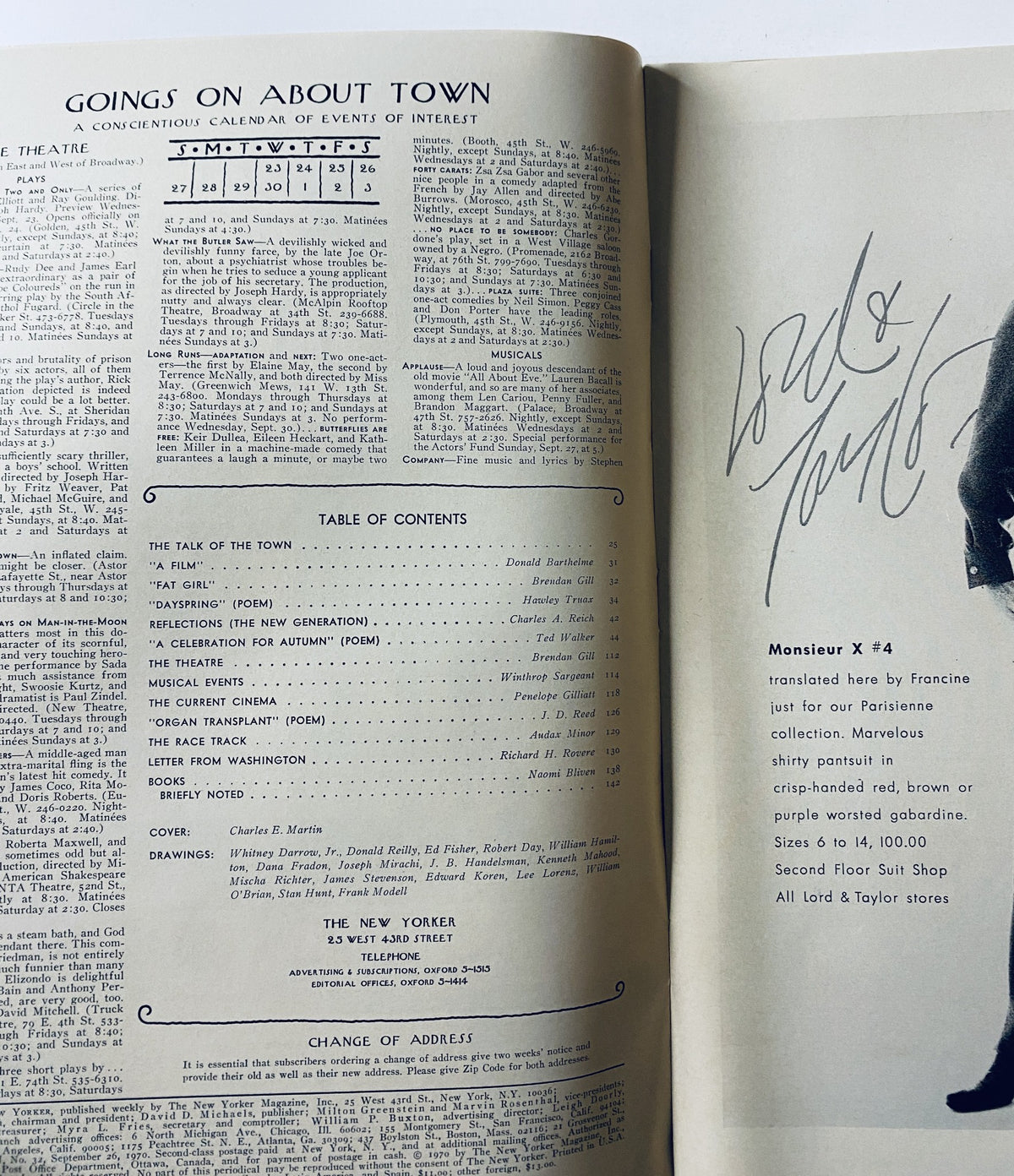 Interior page of The New Yorker magazine from September 26, 1970, featuring 'Goings On About Town' and the Table of Contents, including contributions from various writers. The magazine is in very good condition, showing light edge wear.