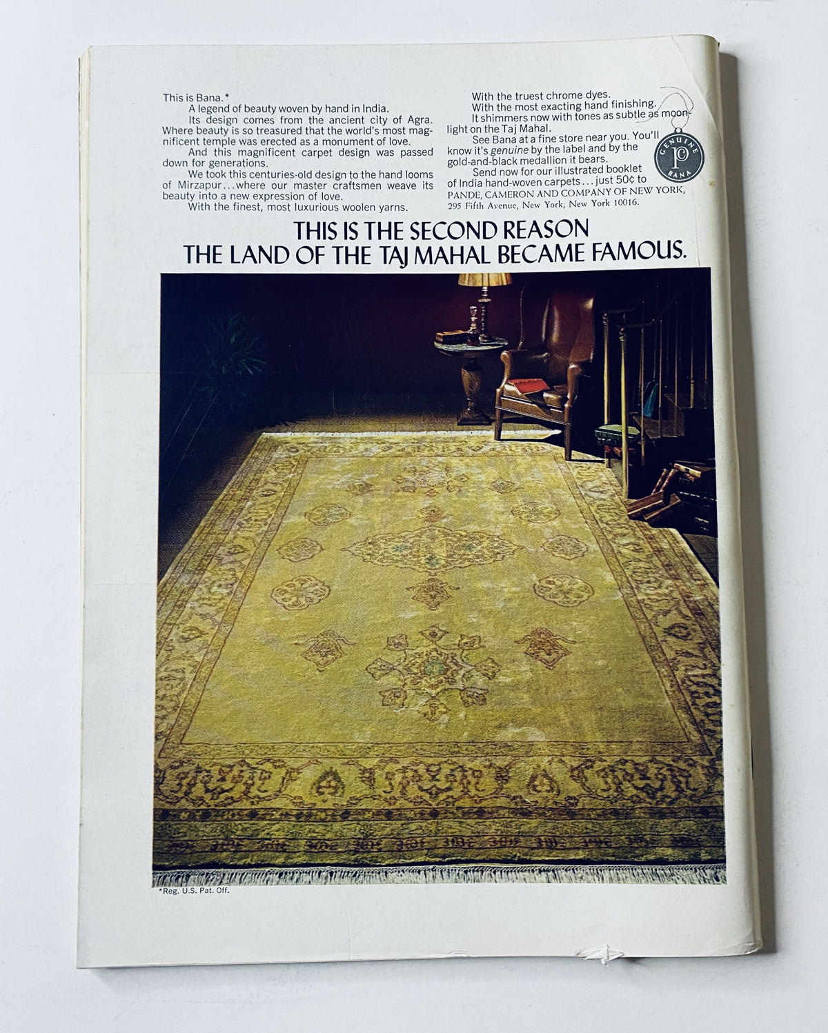 Back cover of The New Yorker Magazine September 26, 1970, featuring an advertisement showcasing a luxurious rug from India, promoting the rich cultural heritage related to the Taj Mahal. The magazine is in very good condition.