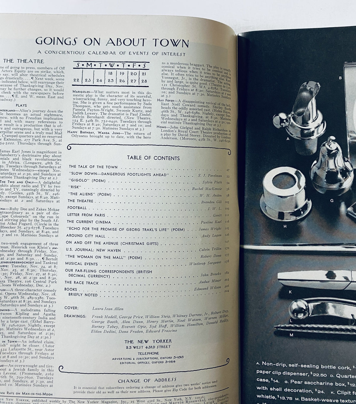 Interior page of The New Yorker Magazine from November 21, 1970 displaying the Table of Contents and calendar of events, highlighting the contents of the issue.