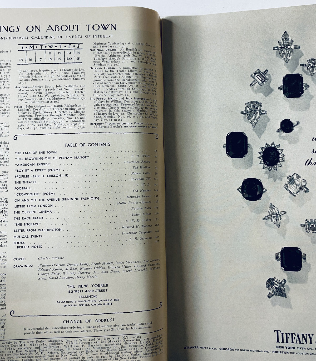 Inside pages of The New Yorker Magazine November 14, 1970 featuring the Table of Contents and an advertisement. The magazine is in very good condition, displaying light edge wear. Title includes the Window City Bomb Cover by C. Addams.