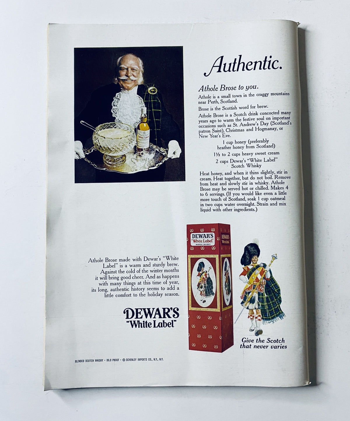 Advertisement from The New Yorker Magazine November 14, 1970 for Dewar's White Label featuring a character holding a bottle of scotch. Part of the magazine with the Window City Bomb Cover by C. Addams in very good condition.