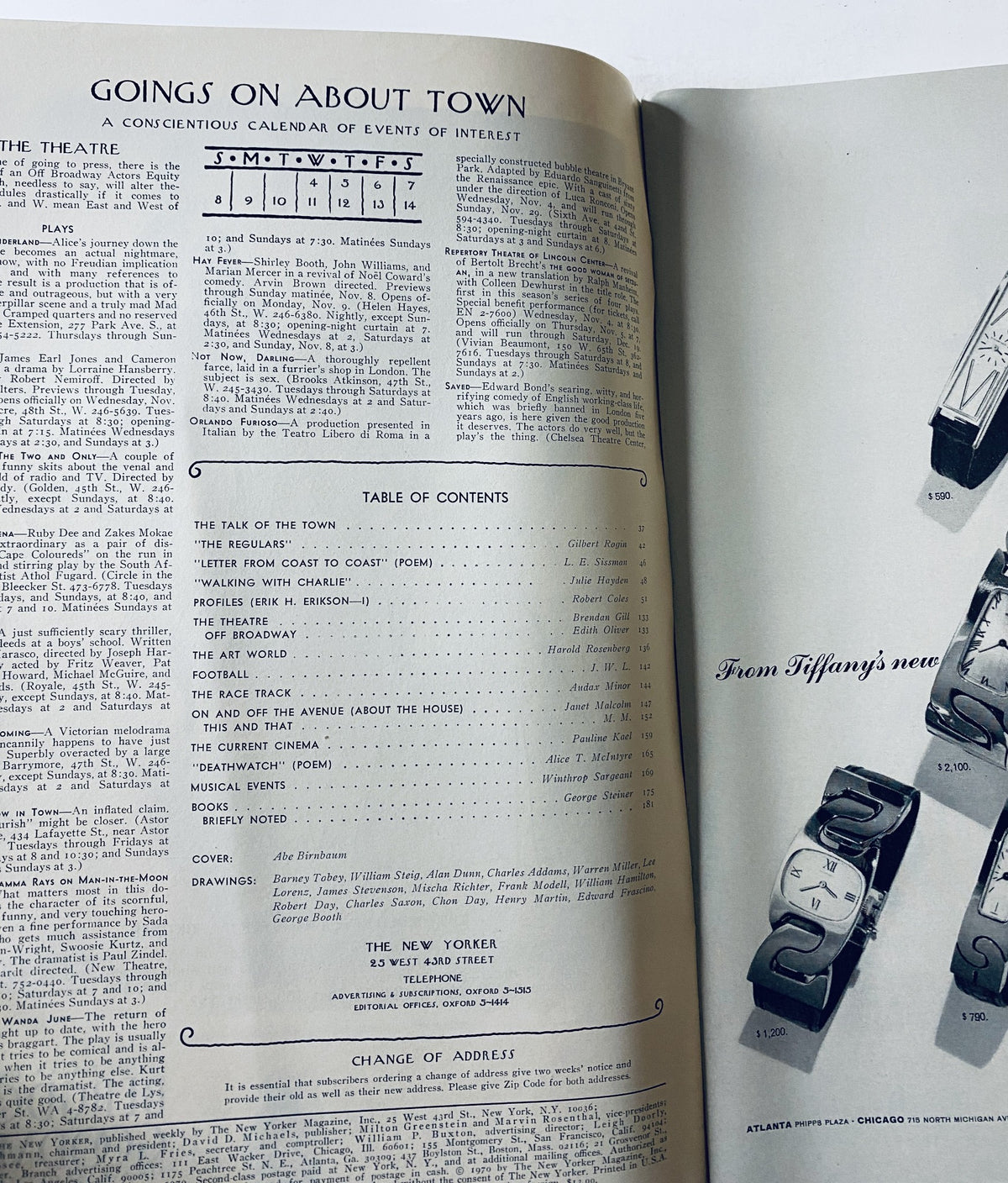 Inside page from The New Yorker Magazine dated November 7, 1970, showcasing the Table of Contents and Goings On About Town, detailing cultural events and articles featured in that issue.