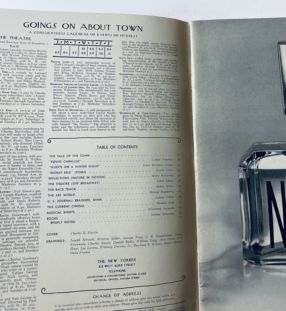 Inside page of The New Yorker Magazine January 24, 1970 showcasing the table of contents and event calendar, important for readers interested in the editorial features of the issue.