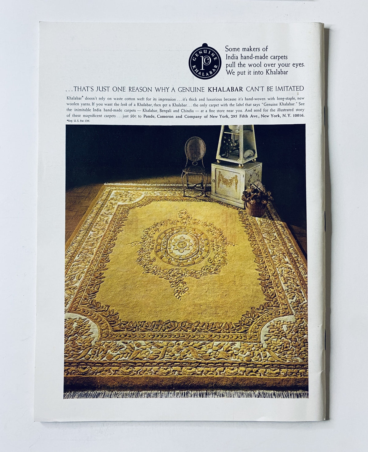 Advertisement for Khalahar carpets featured in The New Yorker Magazine January 17, 1970. The image showcases a lavish gold-toned carpet with intricate designs, emphasizing the craftsmanship of genuine Khalahar rugs.