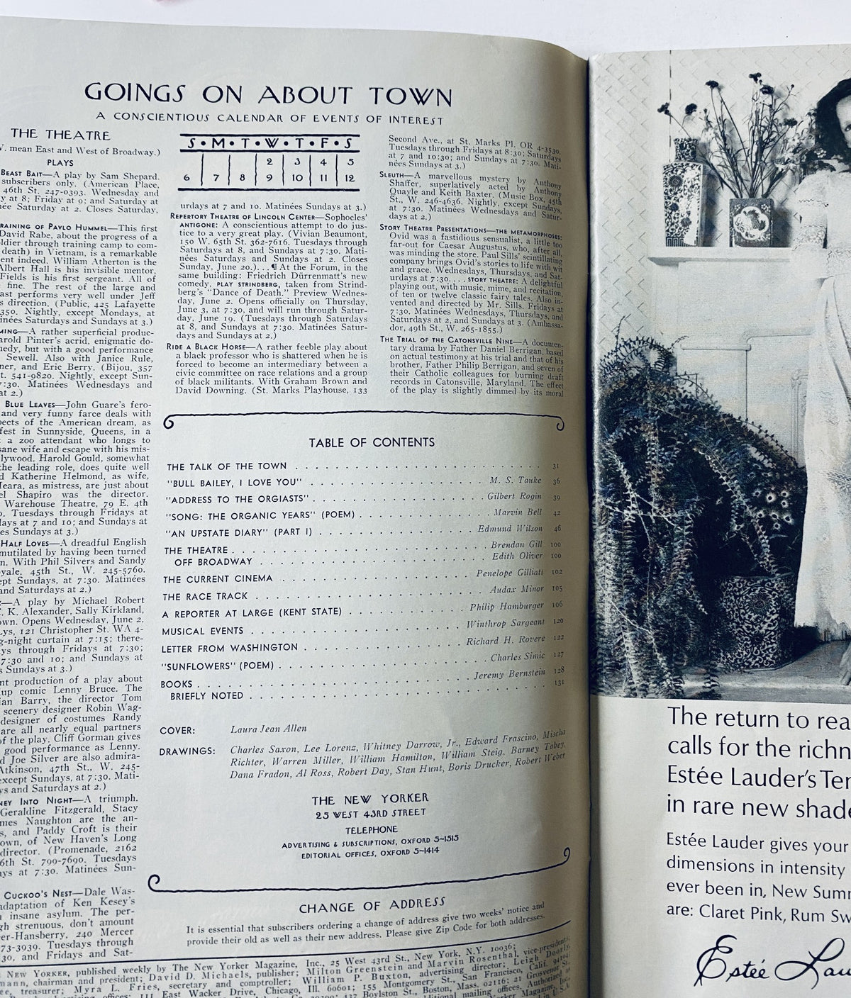 Inside page of The New Yorker Magazine, June 5, 1971, displaying the Table of Contents and calendar of events, highlighting various articles and features.