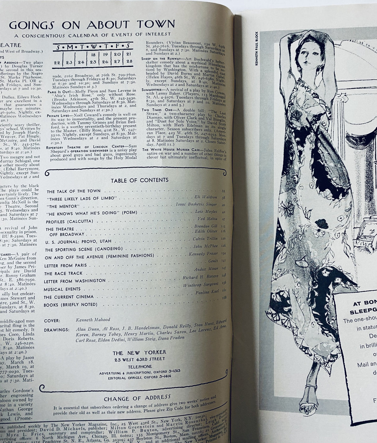 The New Yorker Magazine March 21, 1970 Dog Sketch Cover Kenneth Mahood featuring a table of contents and various articles, including 'Three Likely Lads of Limbo' and 'The Mentor'.