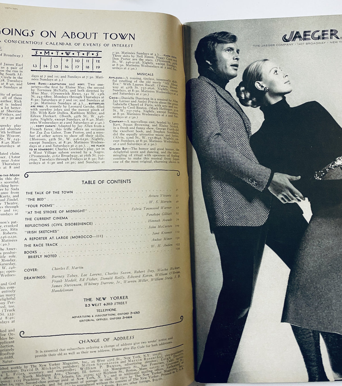 Inside page of The New Yorker Magazine from September 12, 1970 showcasing the Table of Contents alongside an elegant fashion illustration.