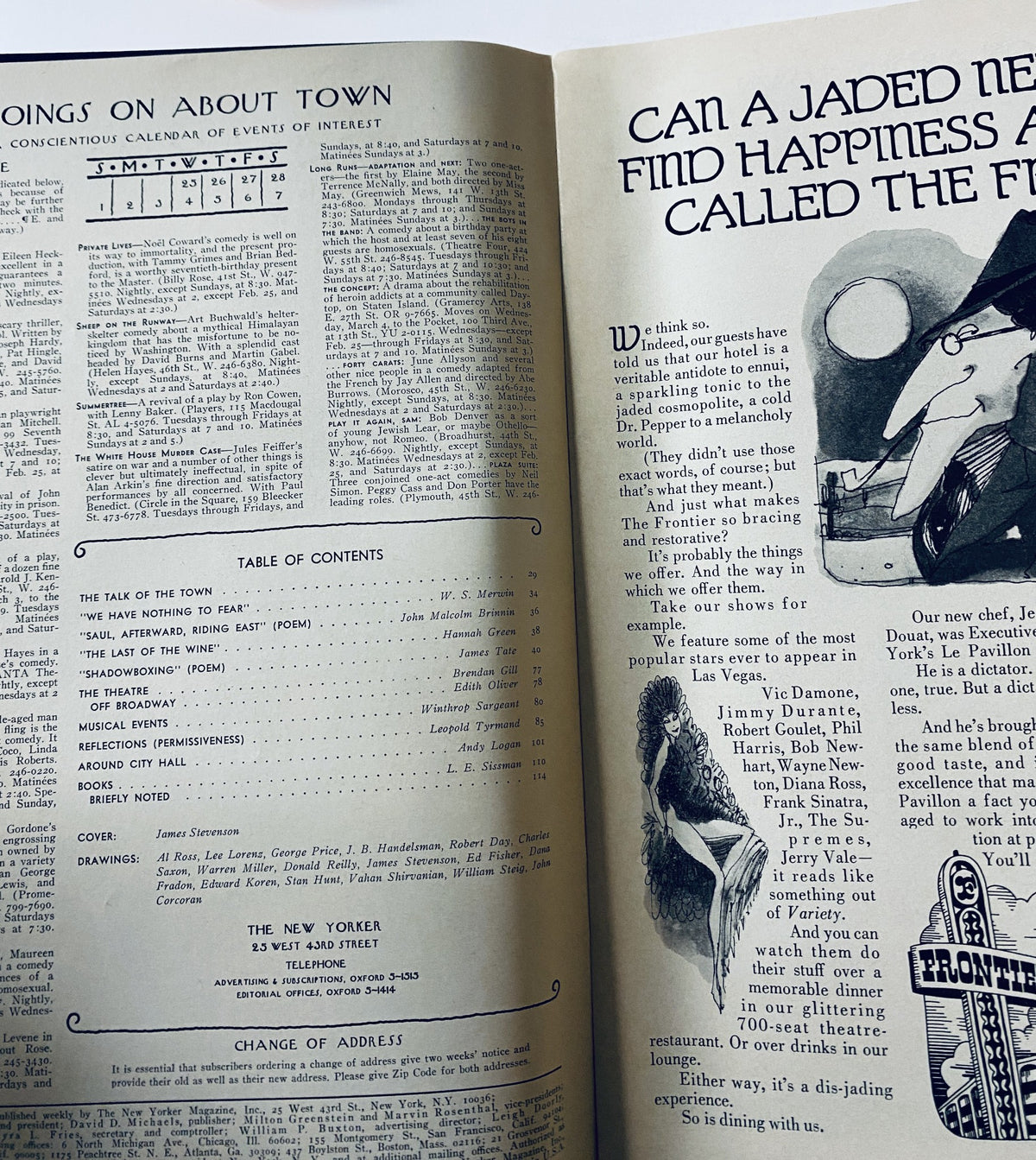 Inside spread of The New Yorker Magazine February 28, 1970 featuring content lists and illustrations, James Stevenson Hockey Cover VG.