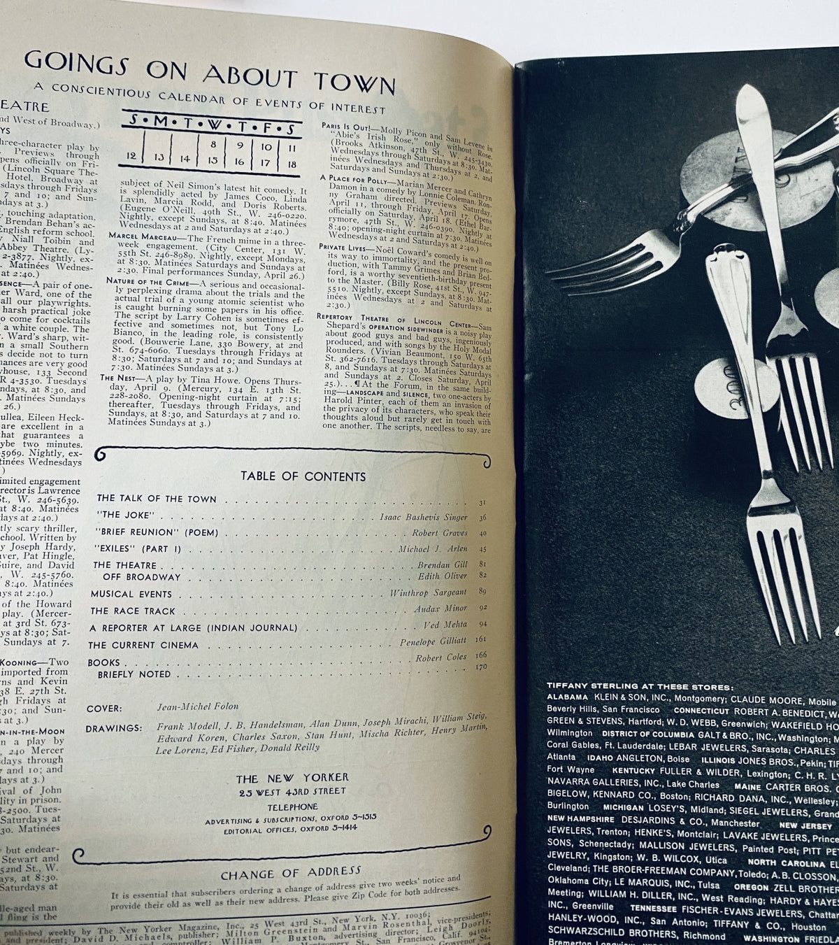 Interior page from The New Yorker Magazine, April 11, 1970, displaying the Table of Contents including sections like 'The Talk of the Town' and 'Books', emphasizing the magazine's cultural commentary.