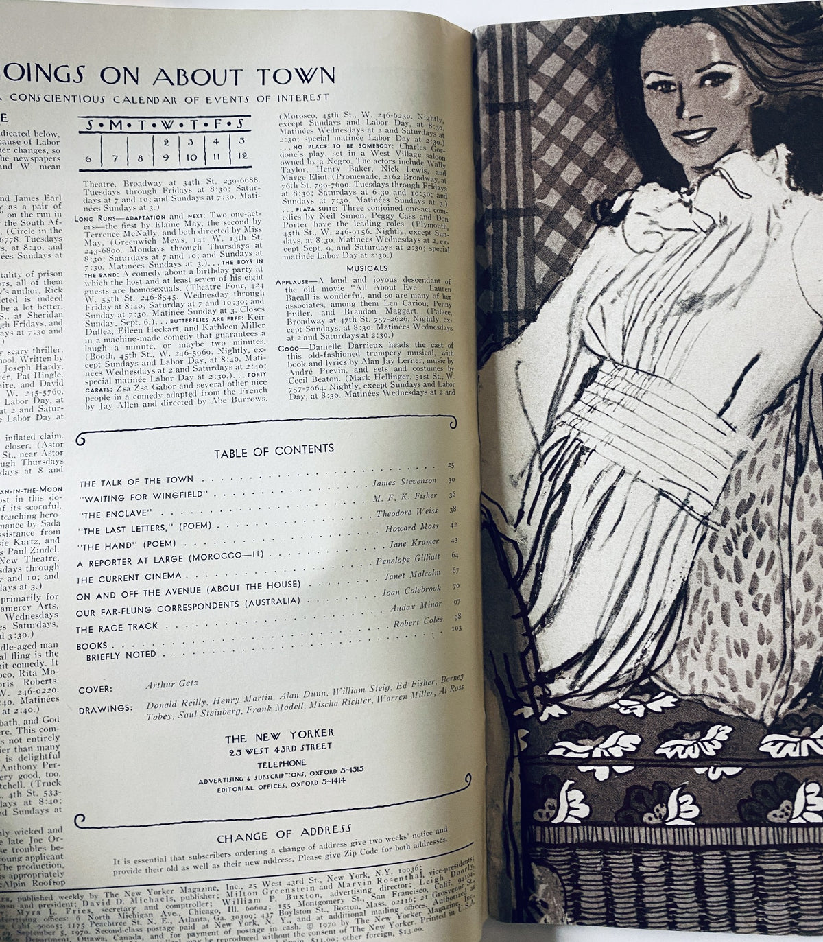 Inside page of The New Yorker Magazine September 5, 1970 featuring an illustration and the Table of Contents, showcasing articles including 'Waiting for Wingfield' by James Stevenson and 'The Enclave' by M. F. K. Fisher.