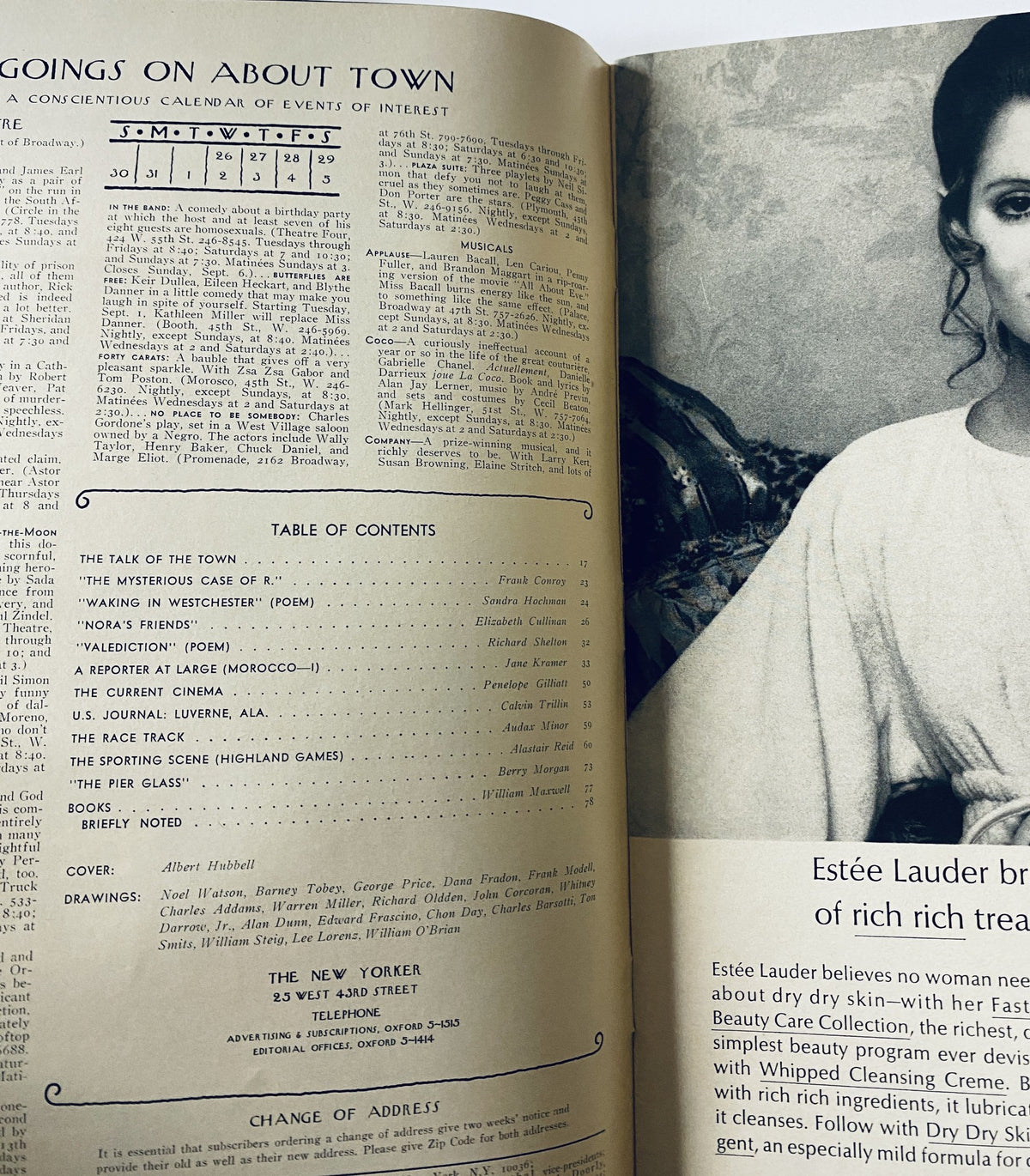 Interior page of The New Yorker Magazine August 29, 1970 displaying the Table of Contents, including articles and features like 'The Talk of the Town' and 'A Reporter at Large (Morocco—II).'