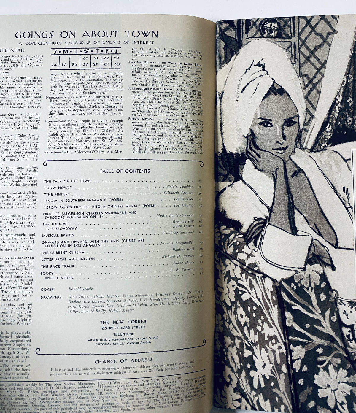 Interior view of The New Yorker Magazine January 23, 1971 displaying the table of contents and features related to theatre, cinema, and articles including the cover design.