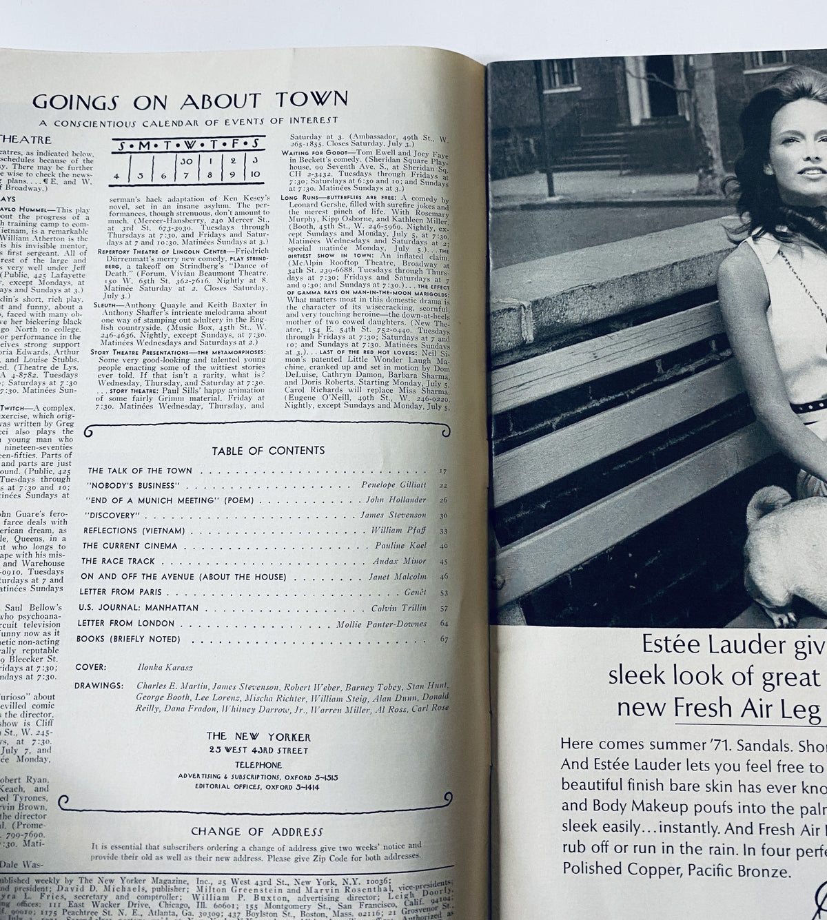 Inside spread of The New Yorker Magazine July 3, 1971, showcasing the table of contents and events calendar.