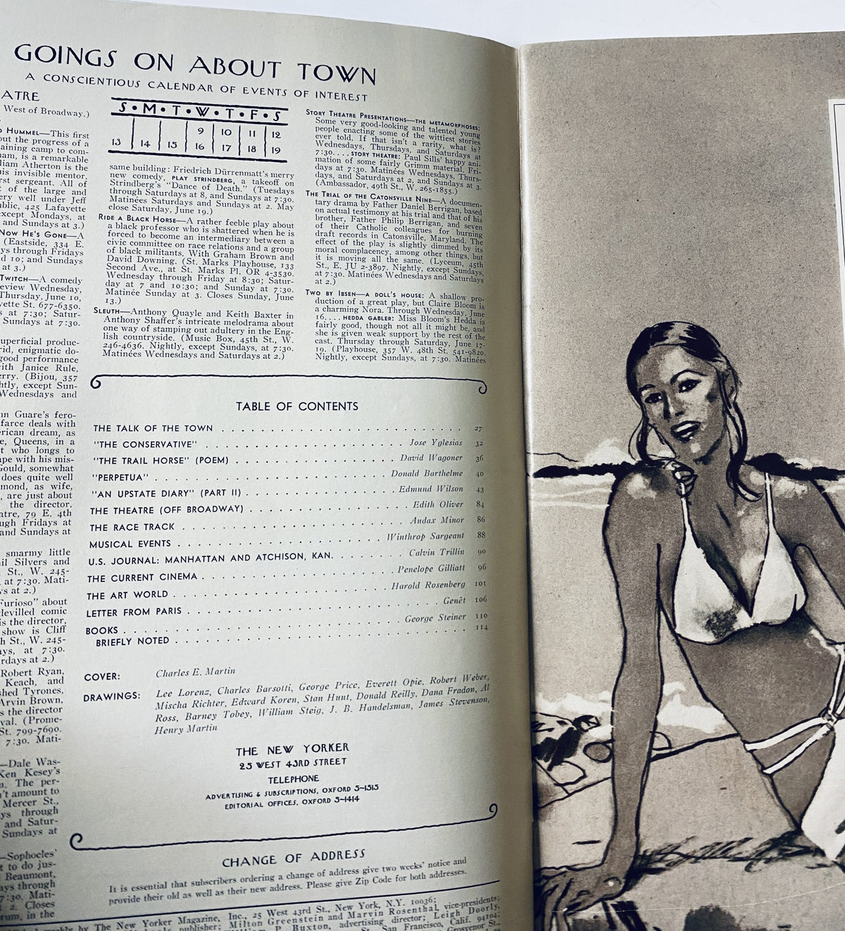 Inside page of The New Yorker Magazine from June 12, 1971 displaying the Table of Contents and a stylish illustration of a woman in a bikini, highlighting various articles and sections.