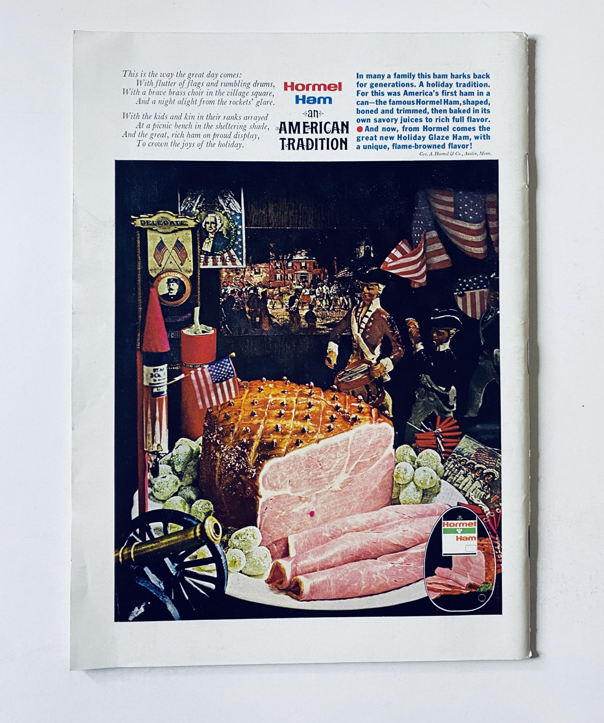 Back cover of The New Yorker Magazine from June 12, 1971 featuring an advertisement for Hormel Foods promoting American traditions, with a festive display of food and patriotic decorations.