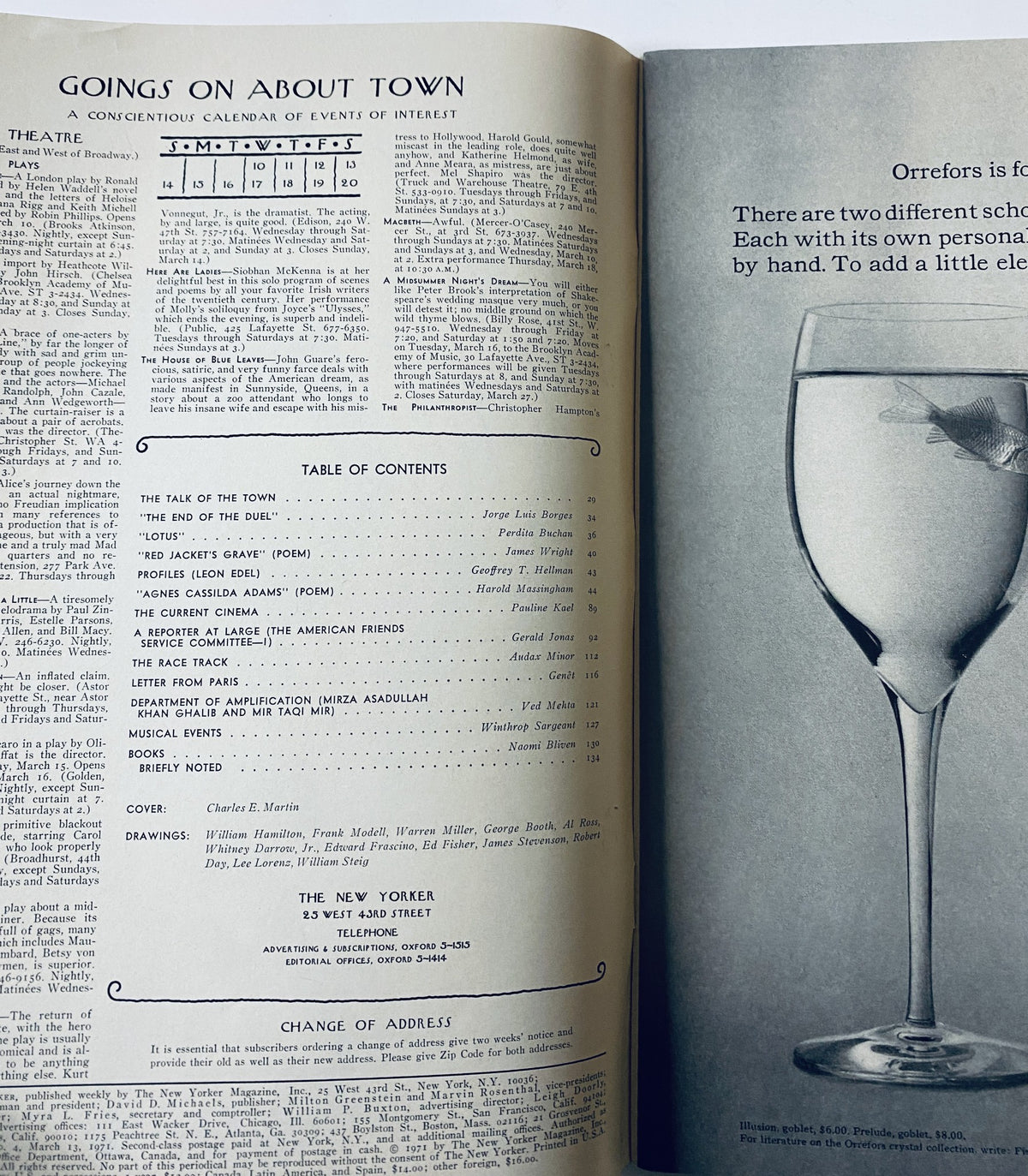 Inside page of The New Yorker Magazine dated March 13, 1971, showcasing contents and events calendar, including the Table of Contents and a glass of water.