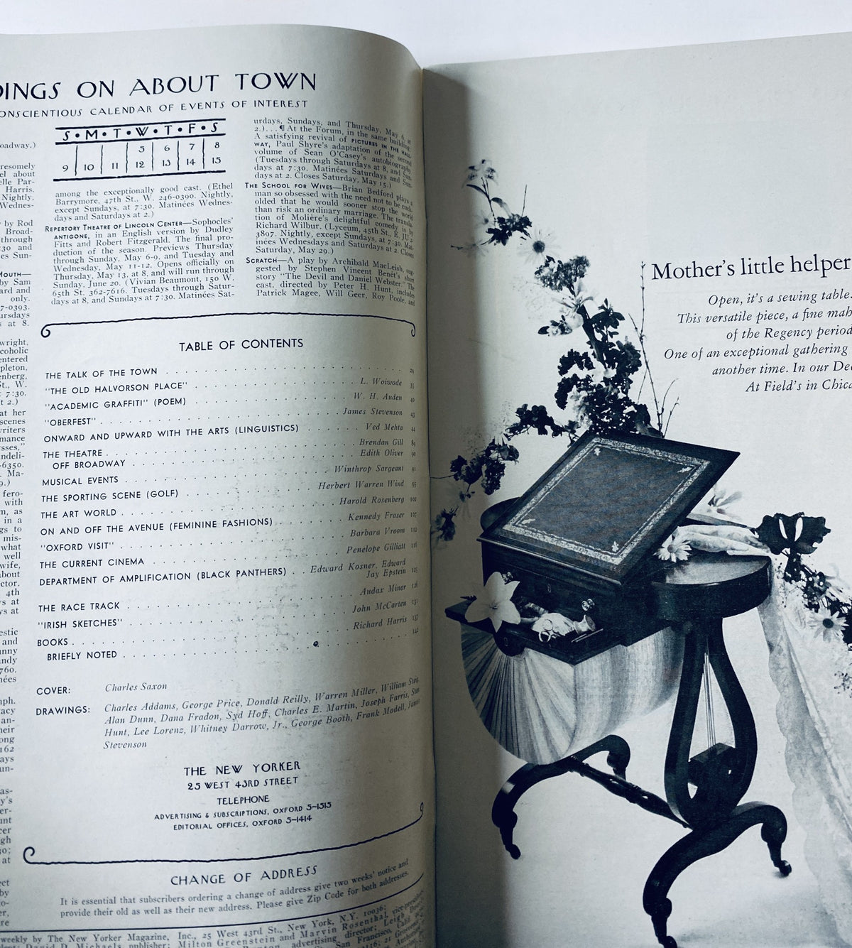 Inside page of The New Yorker Magazine May 8, 1971 showing the Table of Contents and events calendar, featuring notable contributions and artwork of the era.