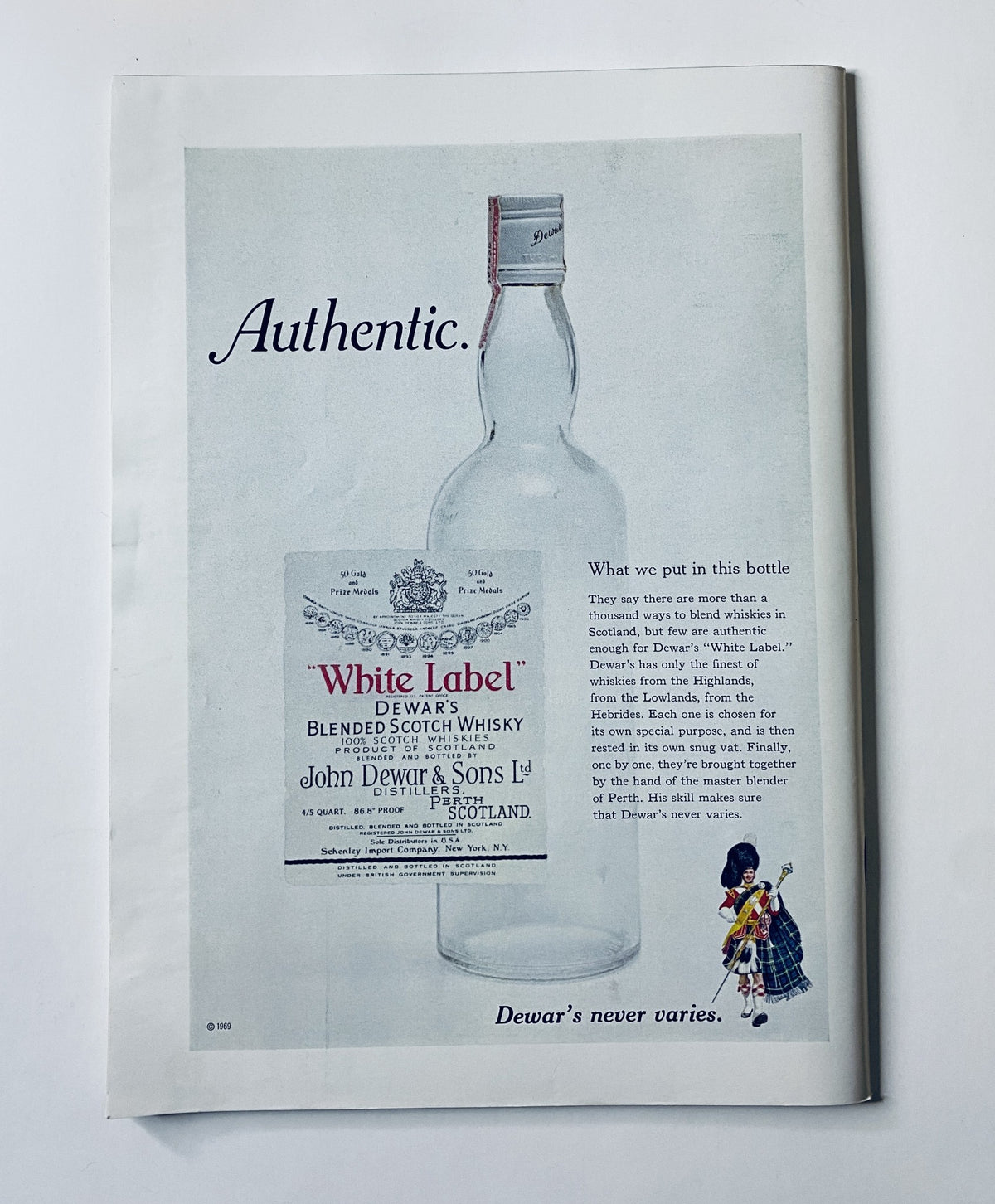 Authentic advertisement for Dewar's White Label Blended Scotch Whisky included in The New Yorker Magazine April 24, 1971. The ad highlights the product's heritage from Scotland.