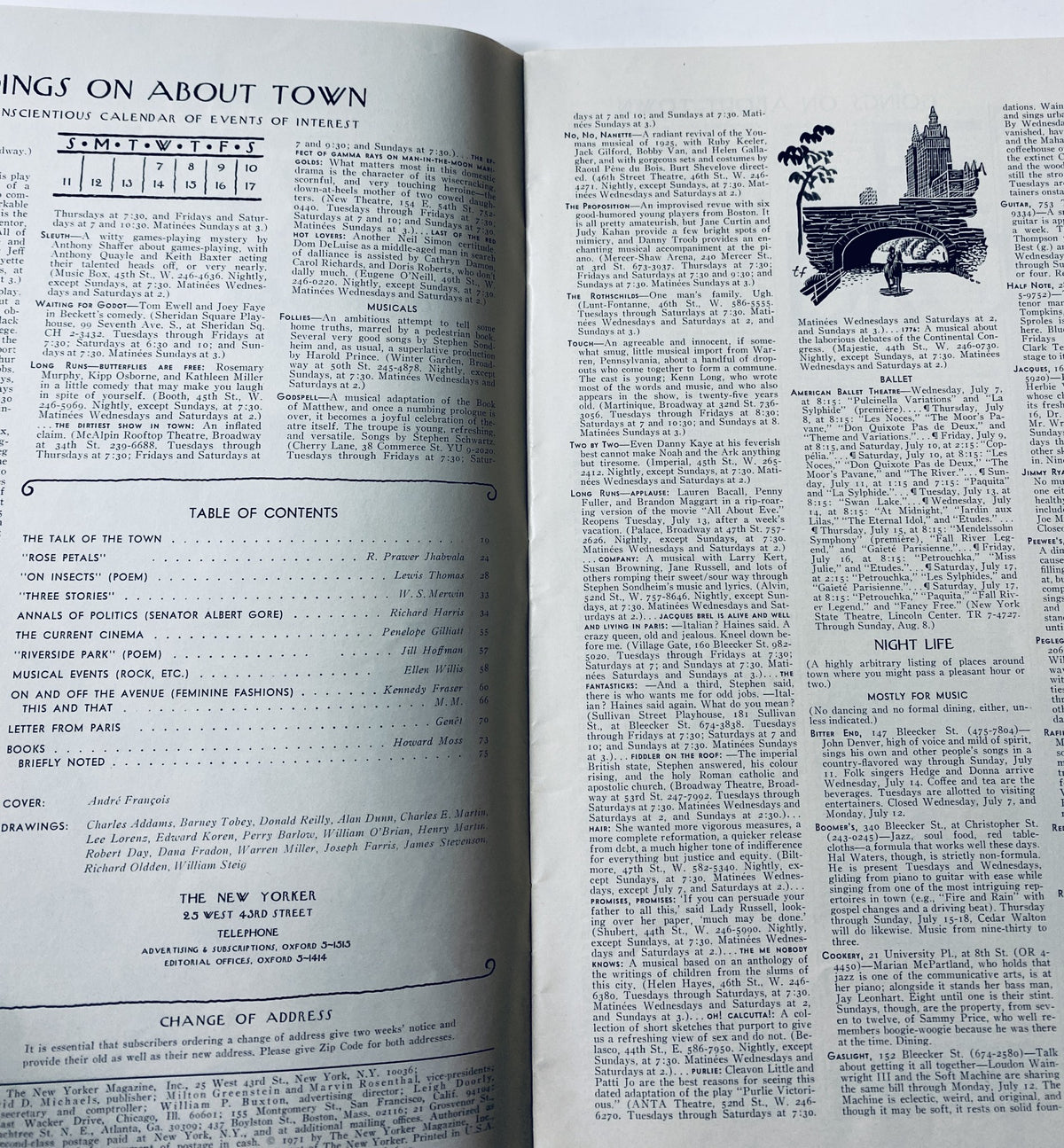Inside spread of The New Yorker Magazine July 10, 1971 displaying the table of contents alongside an elegant decorative illustration, highlighting cultural events and articles.