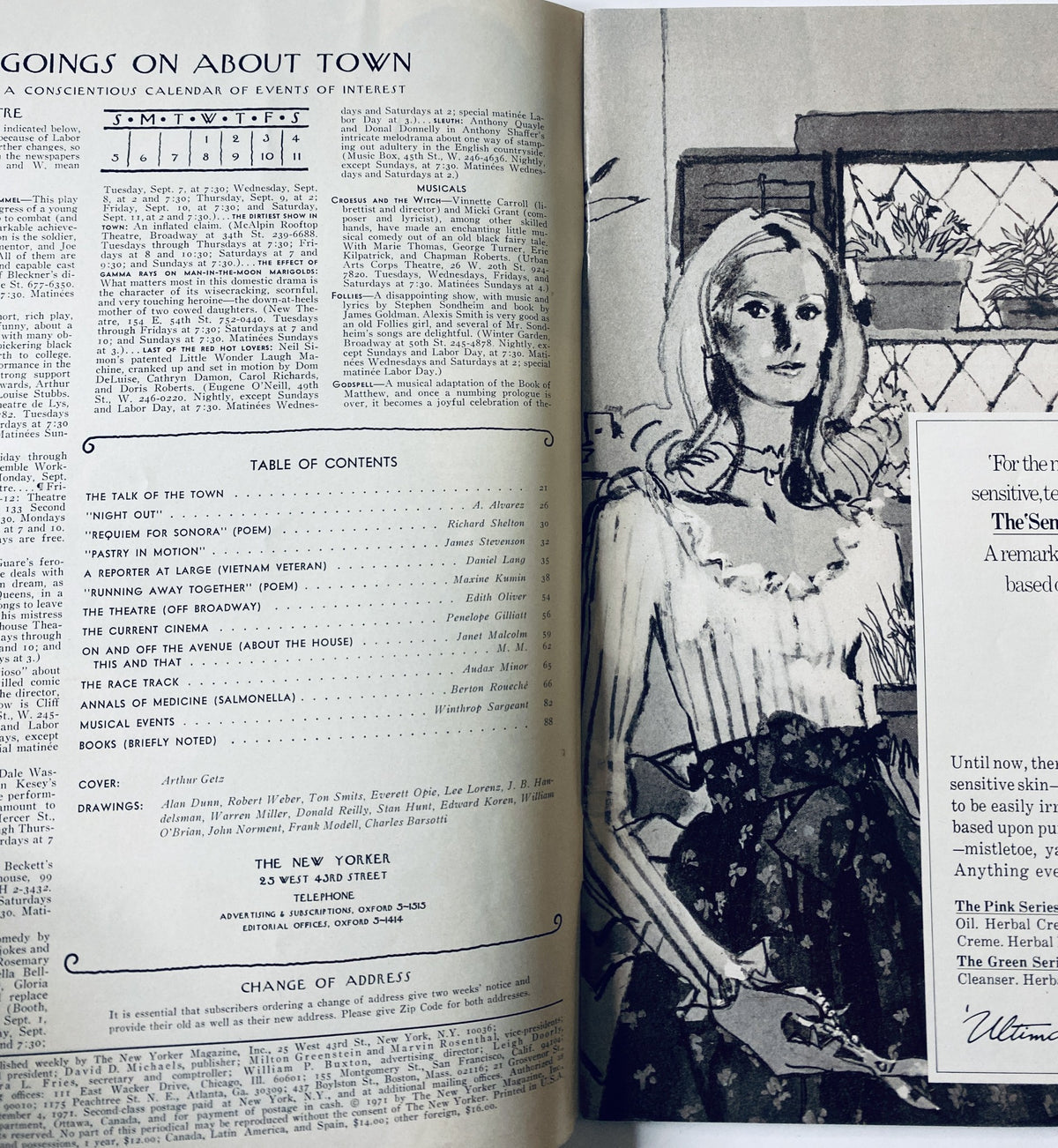 Inside spread of The New Yorker Magazine September 4, 1971, displaying the Table of Contents alongside an illustrated woman, providing an overview of featured articles and illustrations.