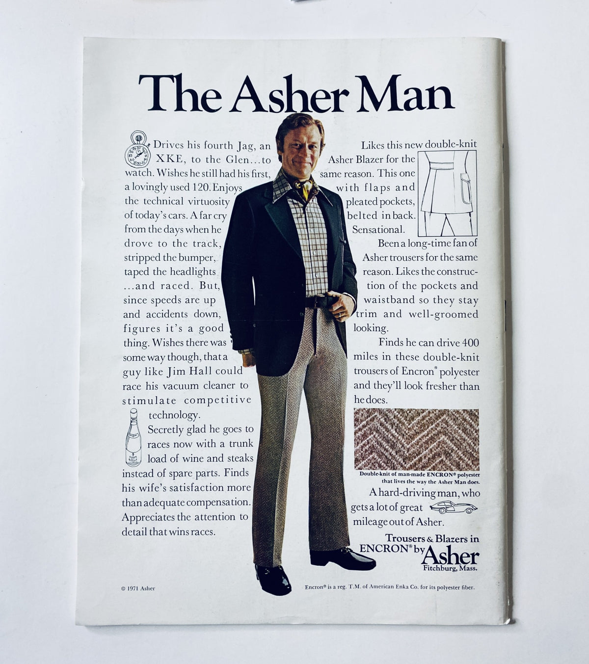 The Asher Man advertisement showcasing a man dressed in a formal outfit, including a double-knit blazer and flared pants, featured with the title 'The New Yorker Magazine September 4, 1971 Arthur Getz Forest Camping Cover VG'. The image highlights fashion from the early 1970s, emphasizing quality and style in men's attire.