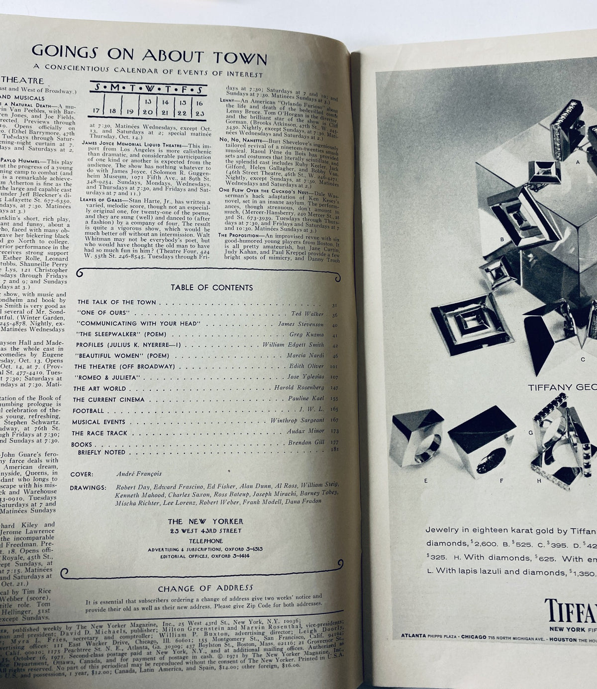 The New Yorker Magazine October 16, 1971 with a focus on the Table of Contents and listings of articles, featuring André François Flying Man Birds cover design in very good condition.
