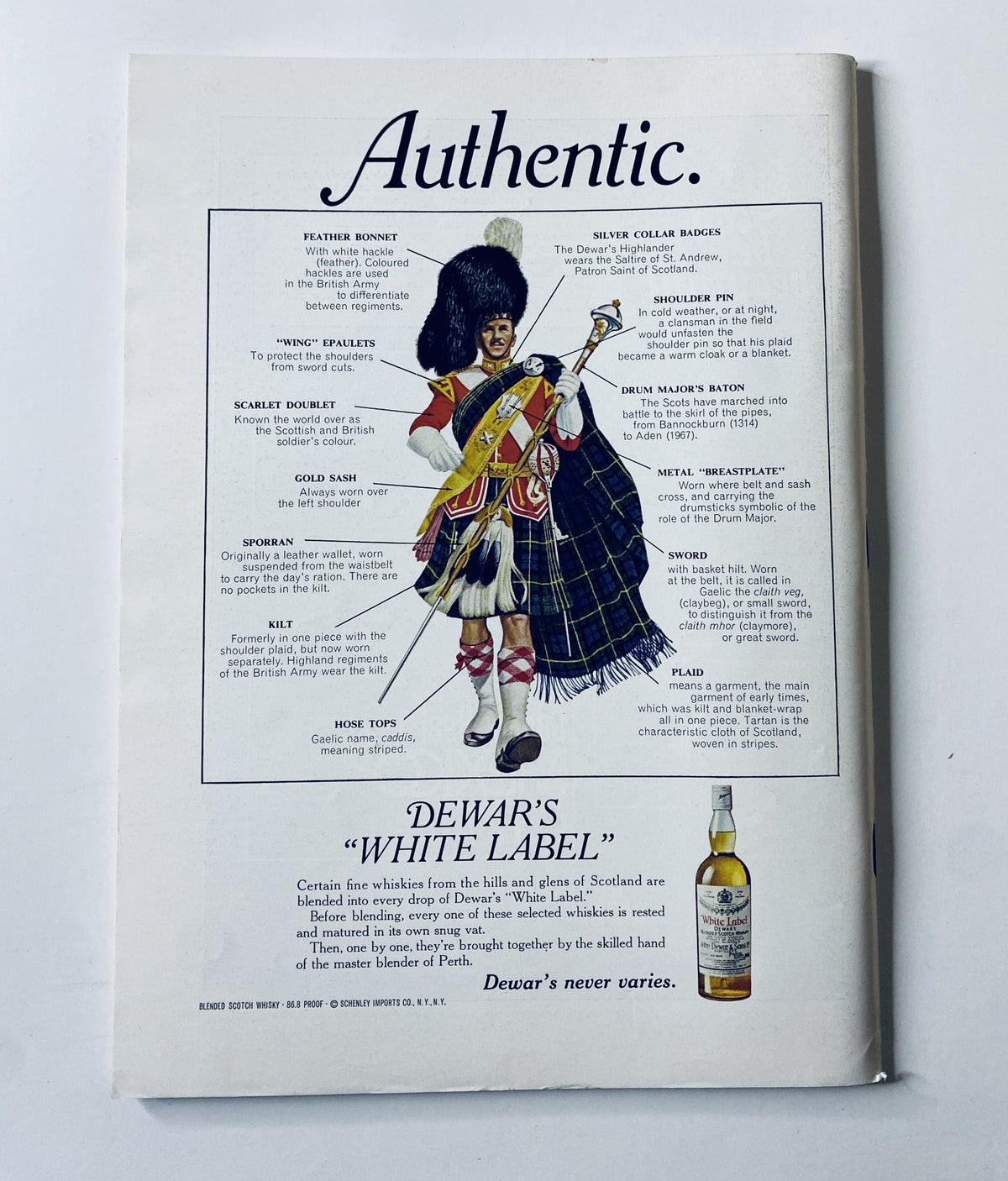 The New Yorker Magazine October 16, 1971 showcasing an advertisement for Dewar's ''White Label'' whisky, featuring a Scottish piper and the tagline 'Authentic'.