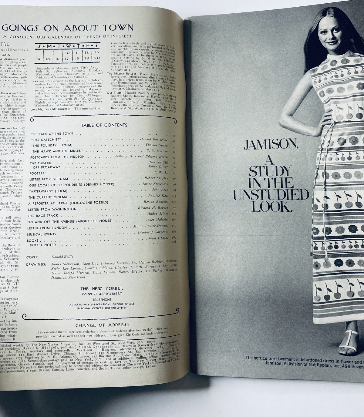 An interior page of The New Yorker Magazine from November 13, 1971, displaying the Table of Contents and featuring a model dressed in a patterned dress.