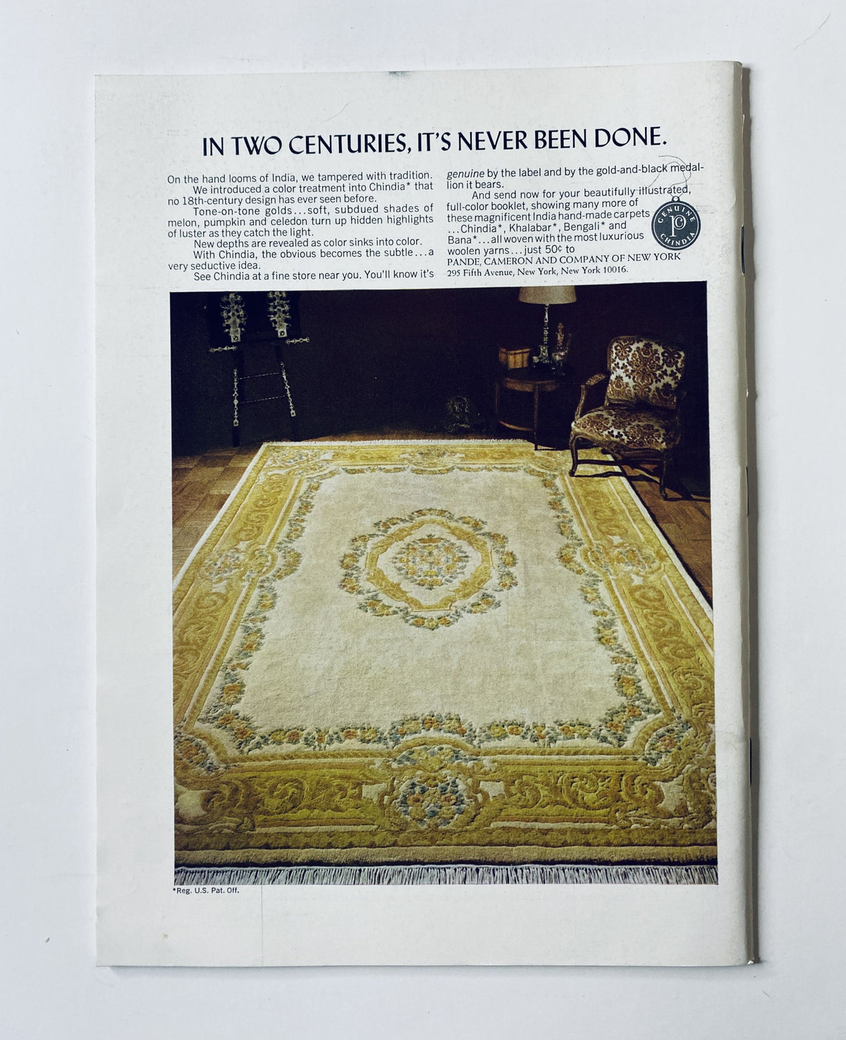 The New Yorker Magazine January 16, 1971 Saul Steinberg Cartoon City Cover, with an advertisement for beautifully crafted rugs and home decor, highlighting traditional Indian craftsmanship. The image showcases a decorative carpet in a well-furnished room.