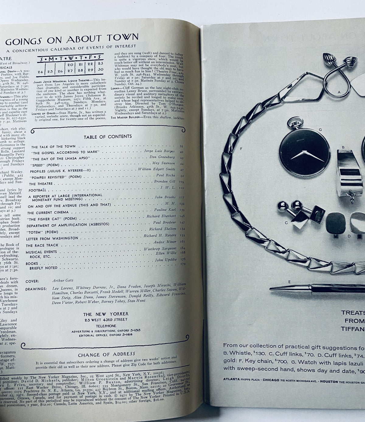 Inside page of The New Yorker Magazine, October 23, 1971, displaying the Table of Contents and calendar of events, providing readers with information on featured articles and illustrations.