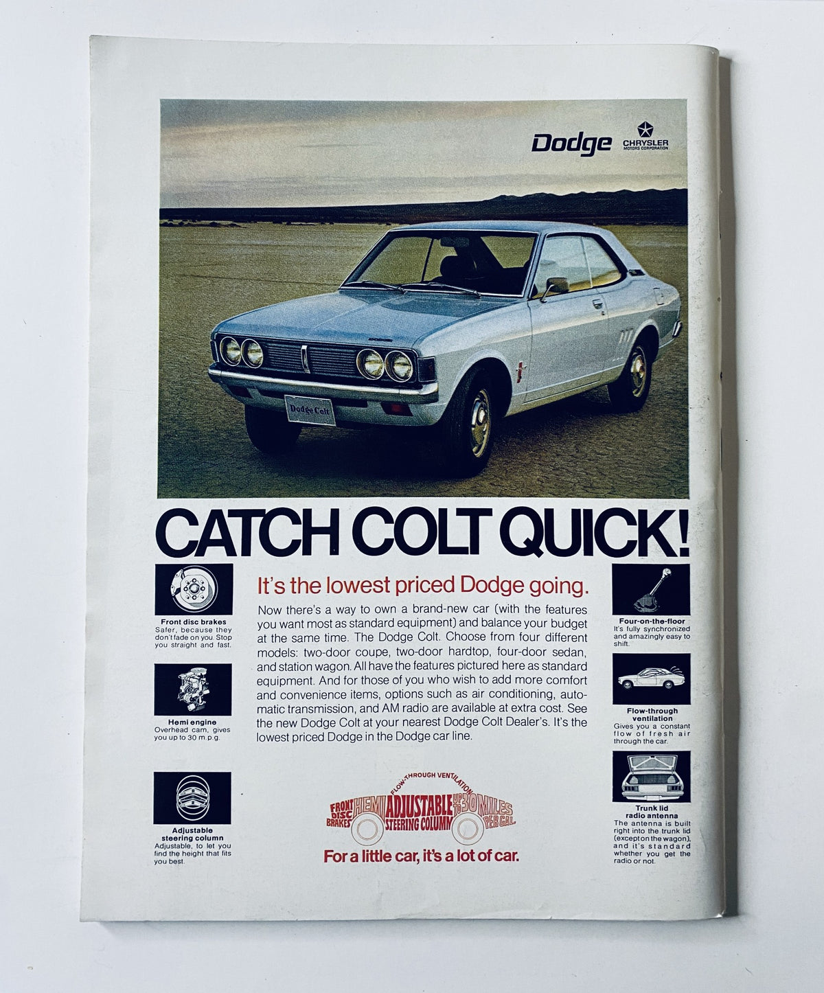 Advertisement for Dodge in The New Yorker Magazine, October 23, 1971, highlighting the affordable Dodge Colt automobile with promotional text and visuals.