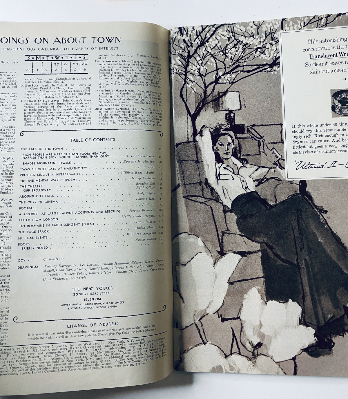 Interior page of The New Yorker Magazine October 30, 1971 showing the Table of Contents and a fashionable woman portrait illustration.