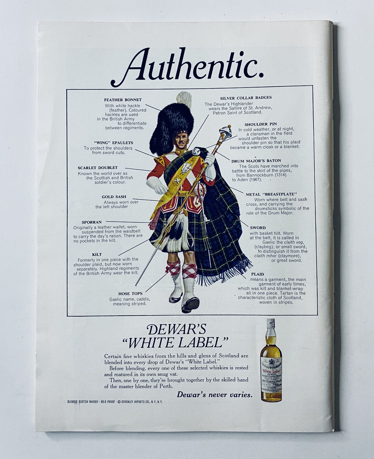 Advertisement for Dewar's White Label in The New Yorker Magazine October 30, 1971, featuring a Scottish bagpiper in traditional attire.