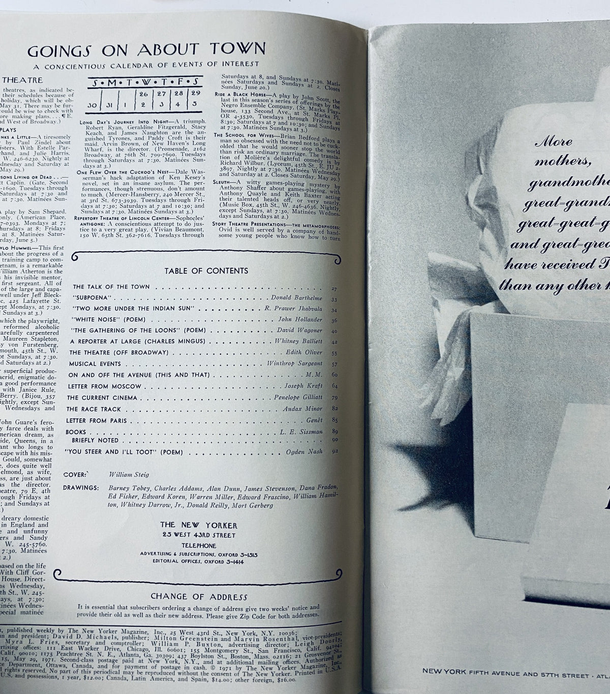 The interior page of The New Yorker Magazine May 29, 1971 displaying the table of contents along with a calendar of events, showcasing articles and drawings from various contributors.