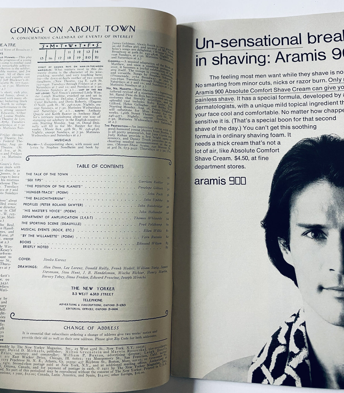 Inside page of The New Yorker Magazine August 14, 1971 presenting the Table of Contents and advertisements, showcasing the publication's editorial layout.